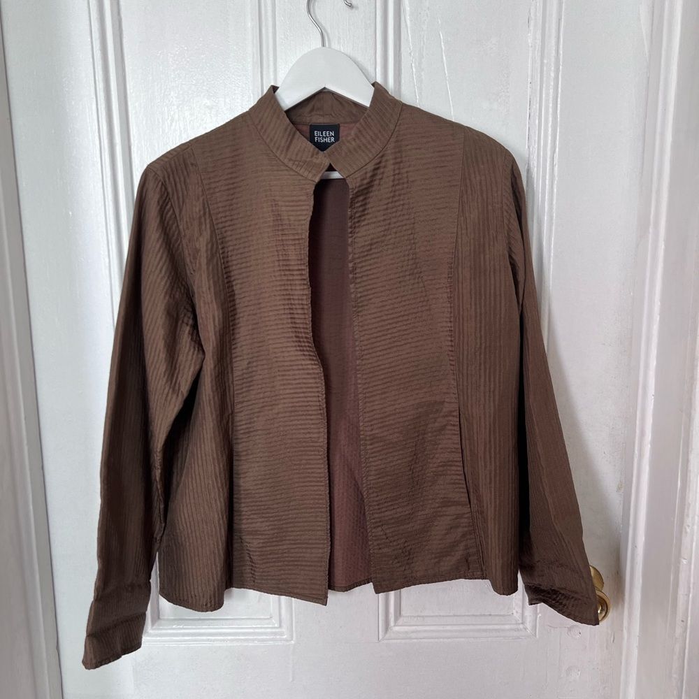 Eileen Fisher Brown Silk Tussah Open Front Career Layering Blazer S